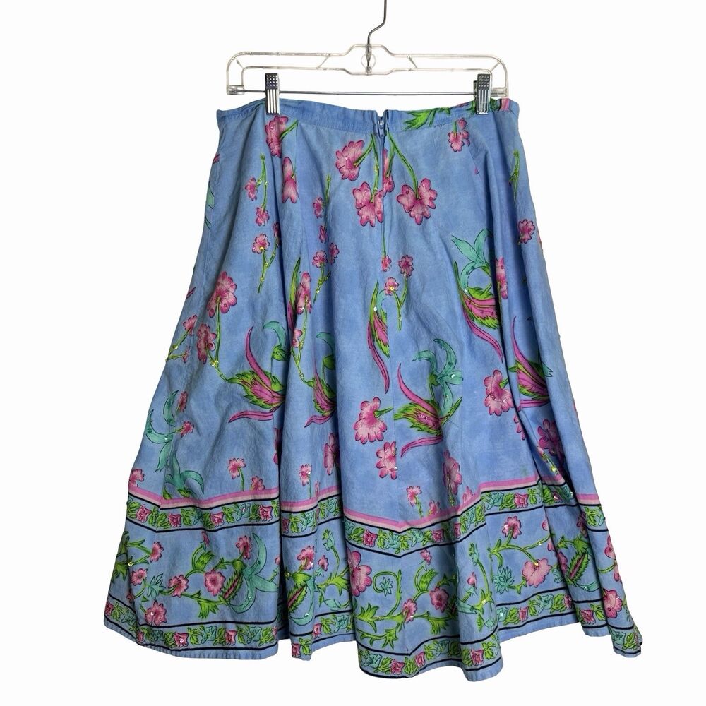 Floral Y2K Midi Skirt Blue White Sequins Blue Plate Womens 12 100% Cotton India